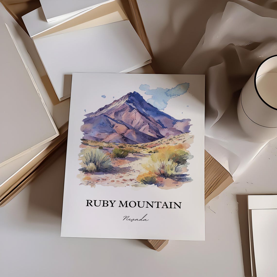 Ruby Mountain Nevada Desert Peak Watercolor Landscape Travel Poster - Image 3