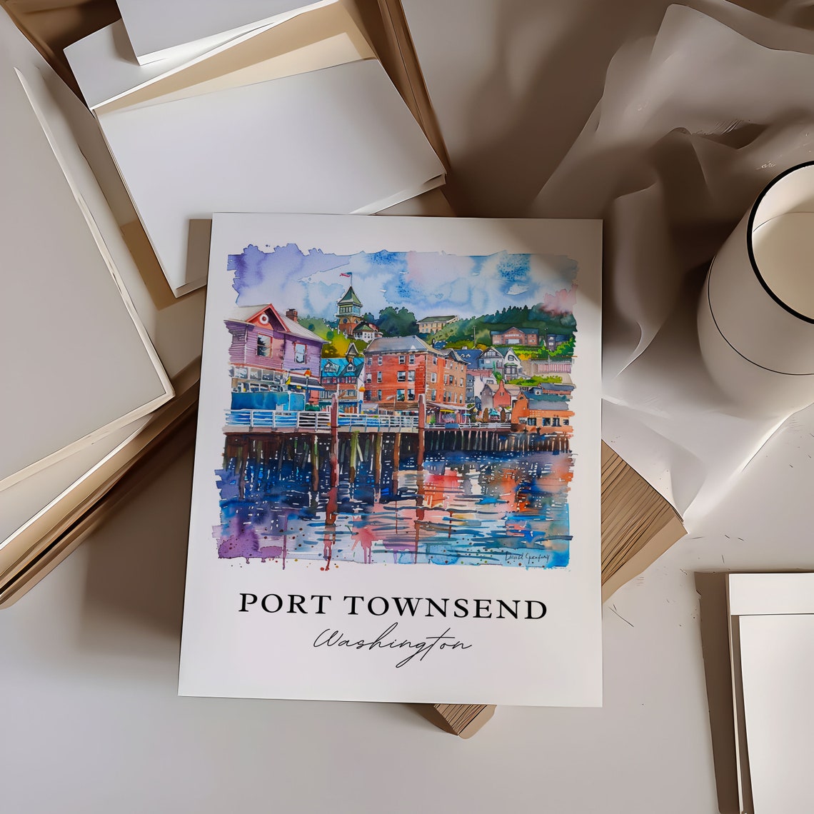 Port Townsend Washington Watercolor Waterfront Pier Scene Poster - Image 6