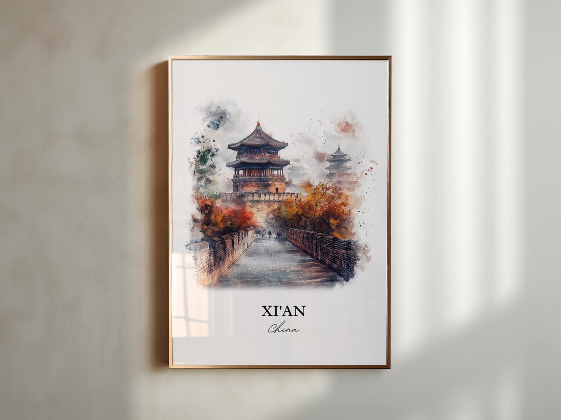 Xian China Watercolor Historic City Wall Tower Autumn Poster - Image 6