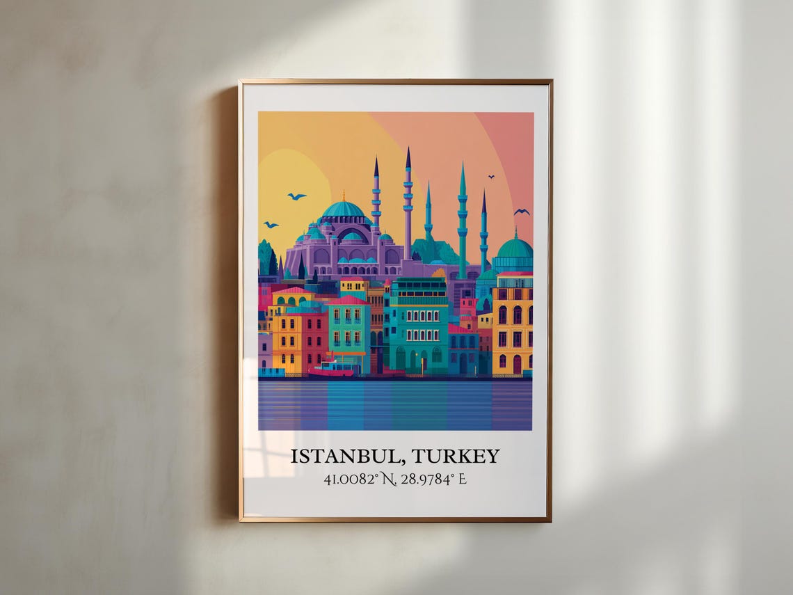 Istanbul Turkey Mosque Minarets Sunset Waterfront Retro Style Poster - Image 3