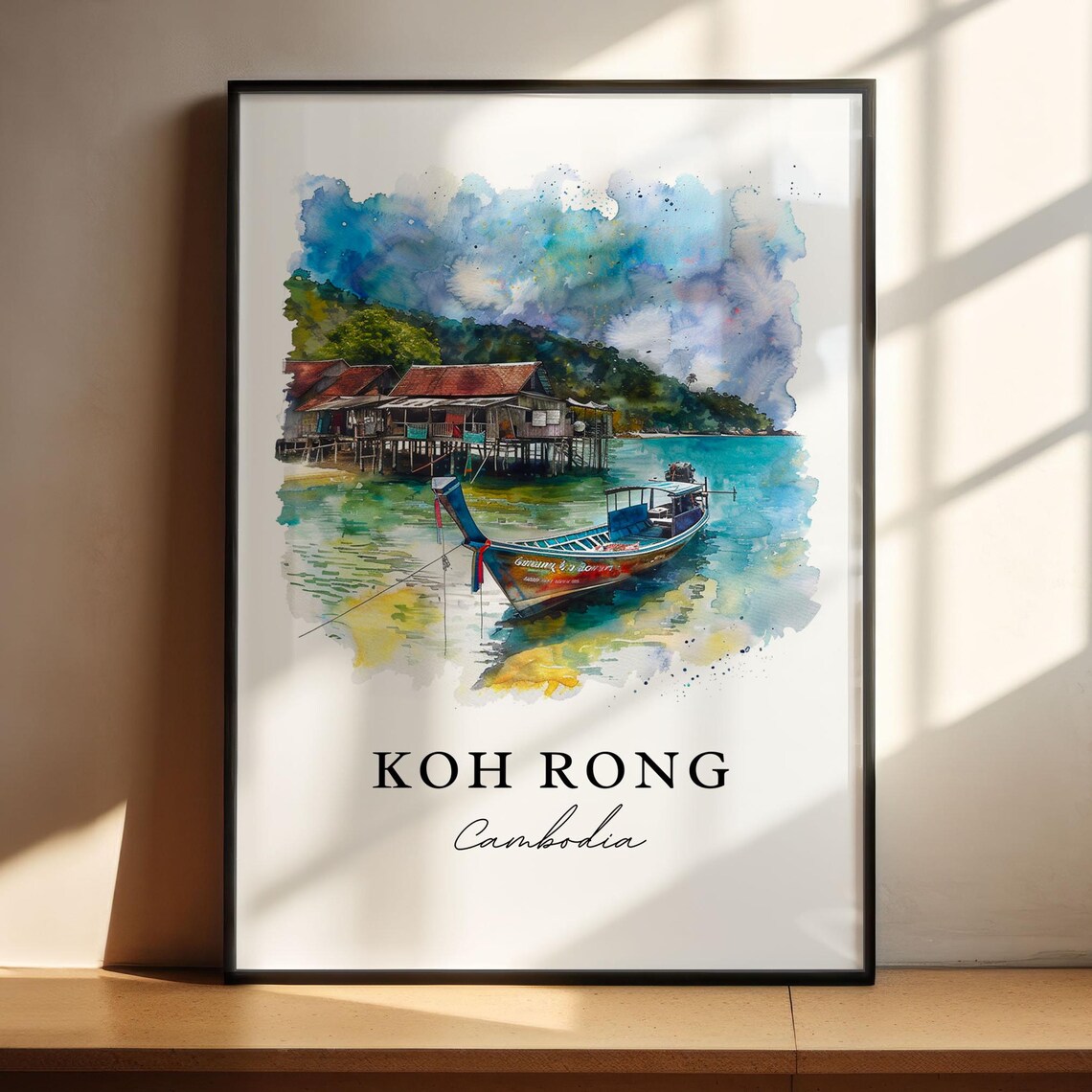 Koh Rong Cambodia Watercolor Stilt Houses Island Boat Art Poster - Image 5