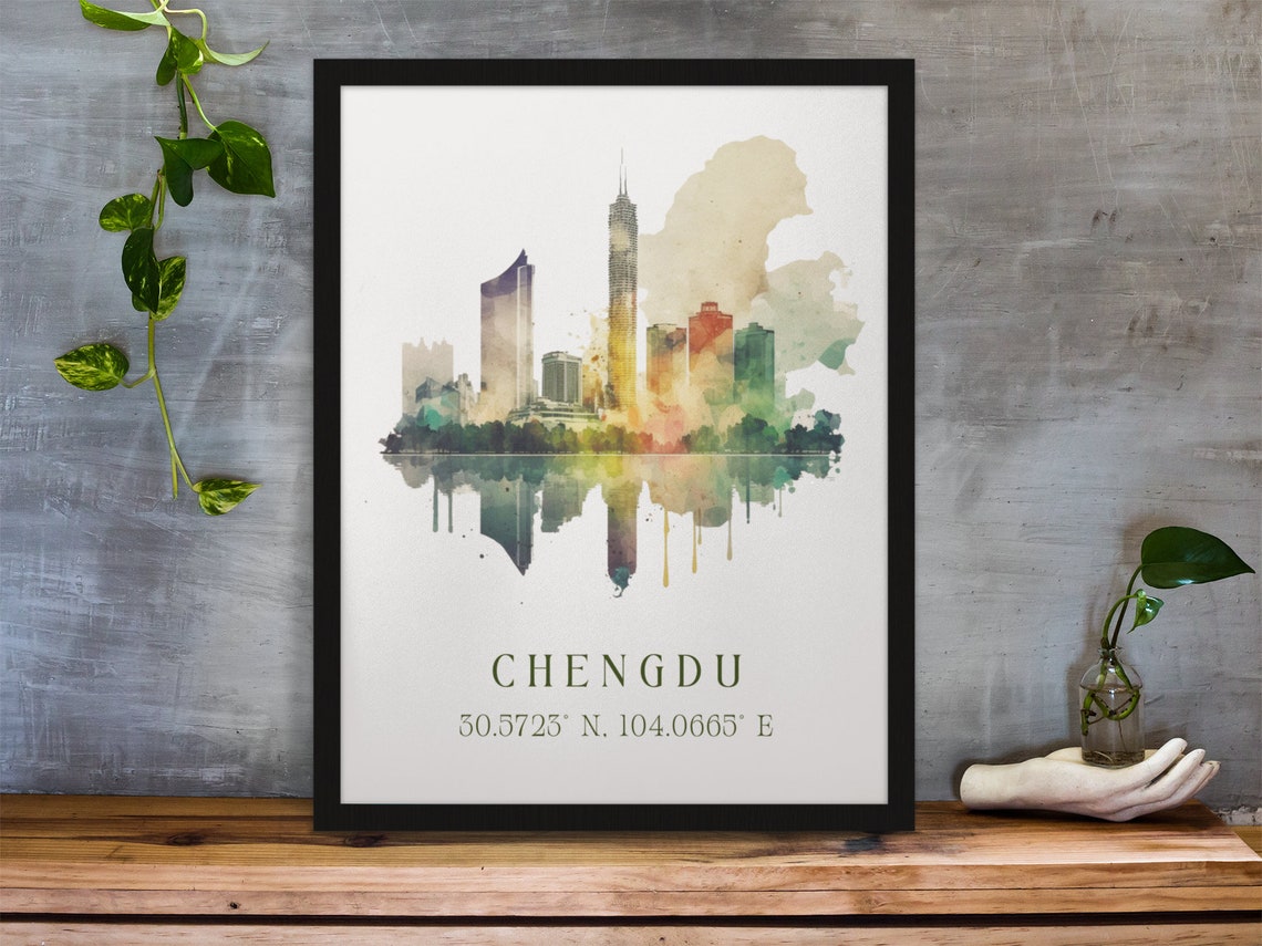 Chengdu China Watercolor City Skyline Coordinates Travel Poster