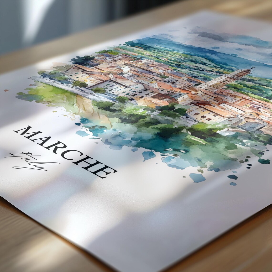 Marche Italy Hill Town Countryside Watercolor Scenic Travel Poster - Image 6