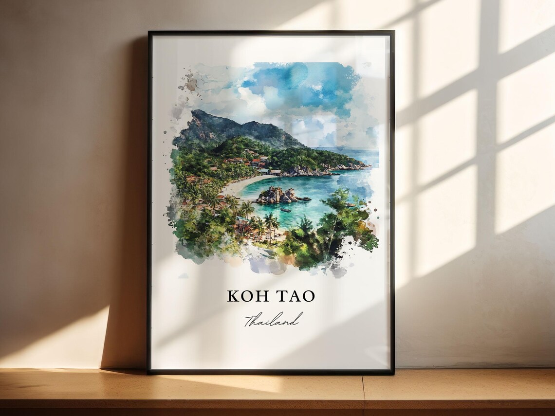 Koh Tao Thailand Turquoise Bay Palm Beach Watercolor Travel Poster - Image 4