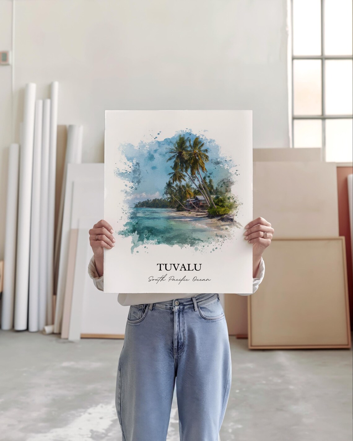 Tuvalu South Pacific Palm Beach Watercolor Tropical Island Poster - Image 4