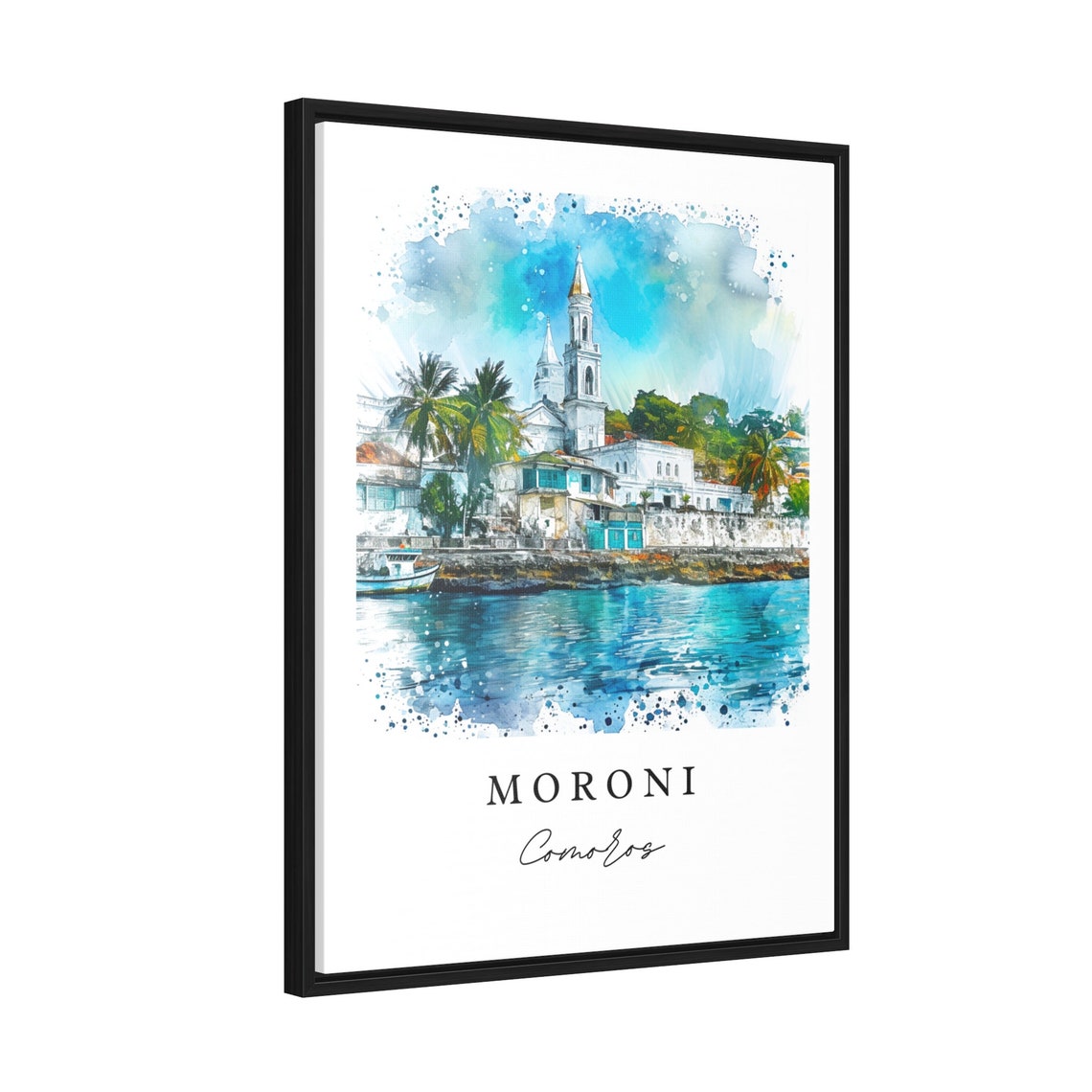 Moroni Comoros Harbor Mosque Watercolor Island Travel Poster - Image 2