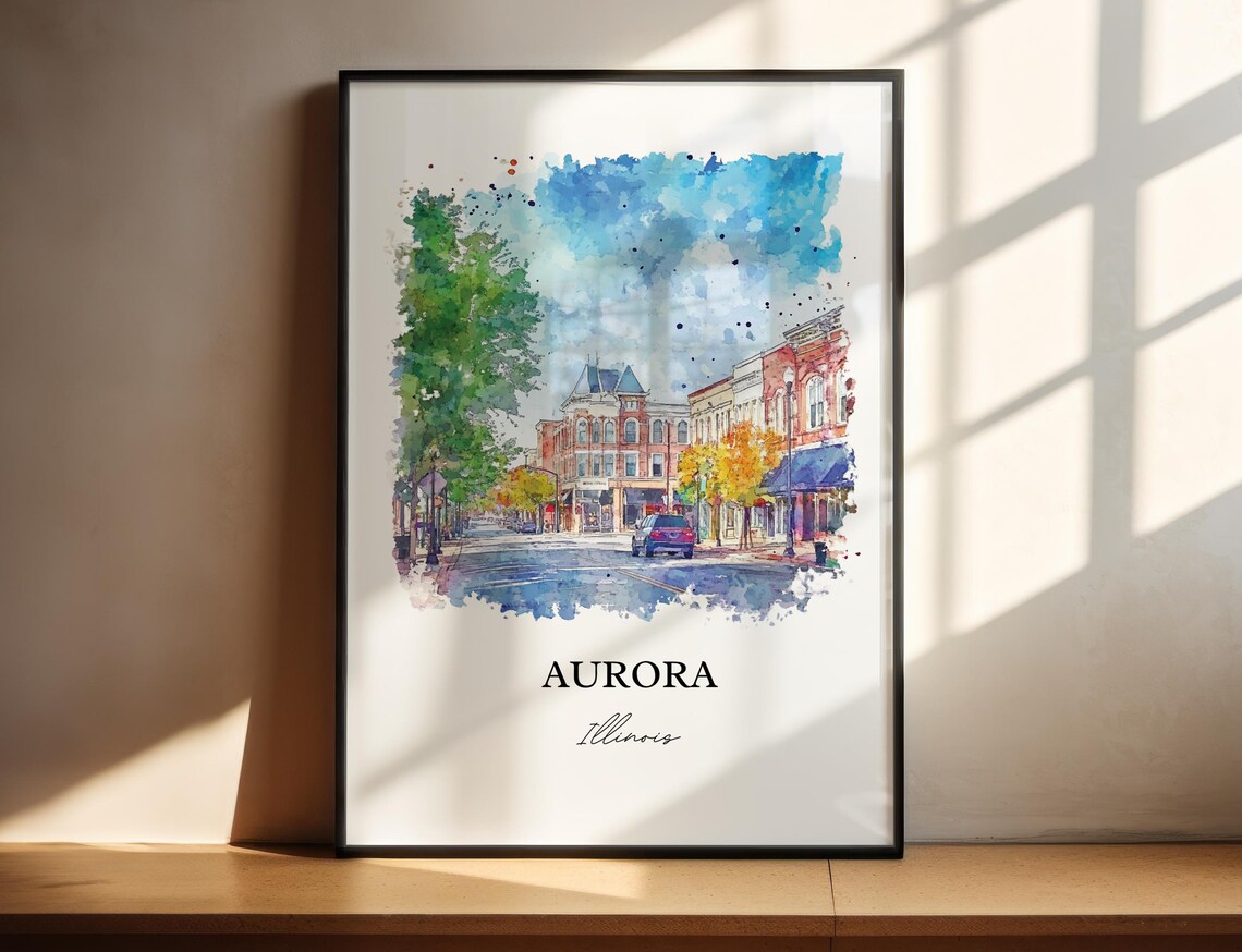 Aurora Illinois Historic Downtown Main Street Watercolor Travel Poster - Image 2