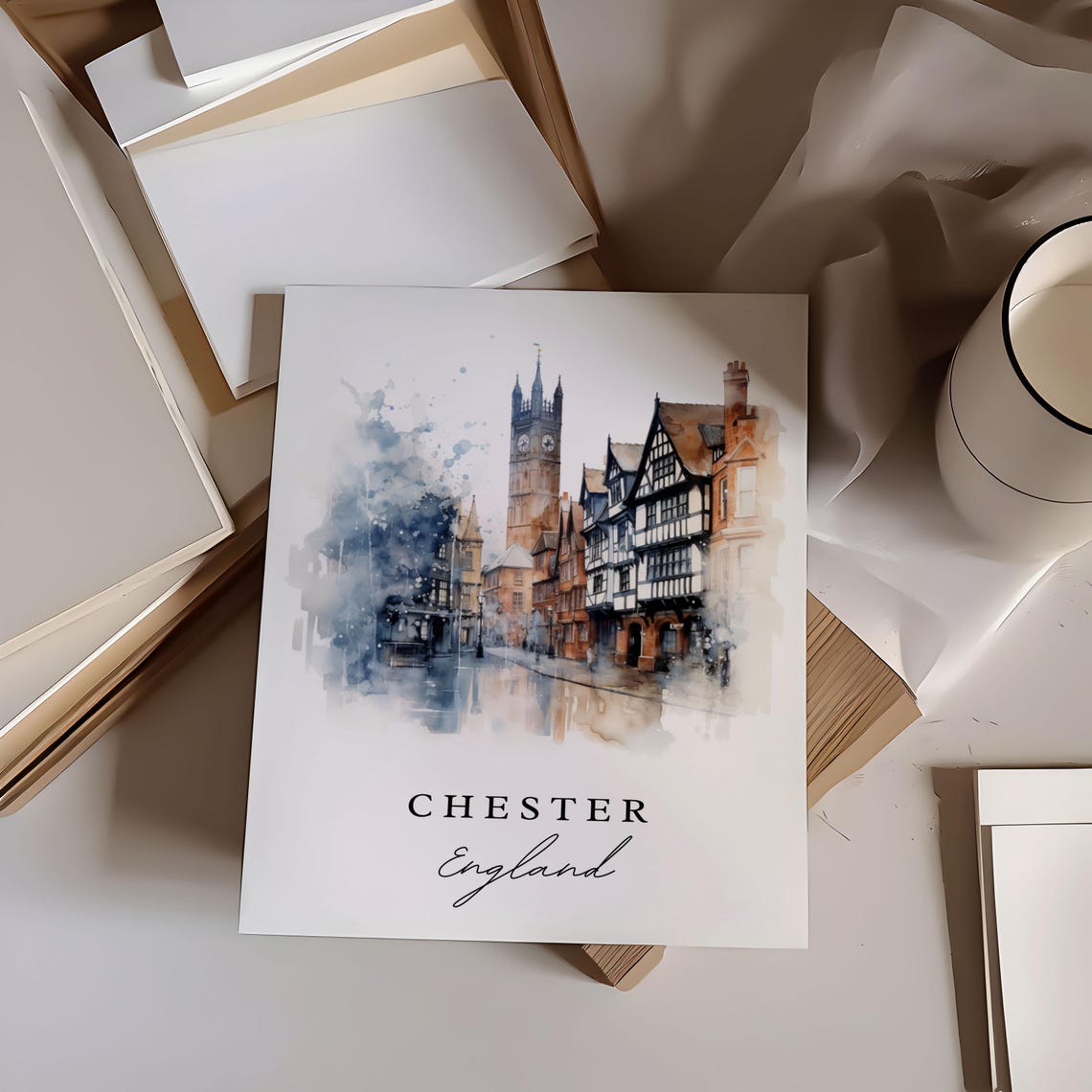 Chester England Watercolor Tudor Street Clock Tower Travel Poster - Image 6