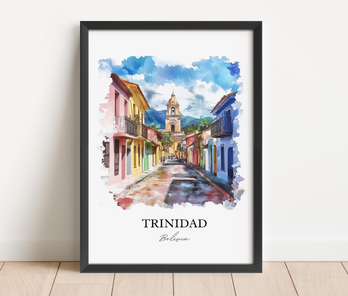 Trinidad Bolivia Watercolor Colonial Street Church Travel Poster - Image 2