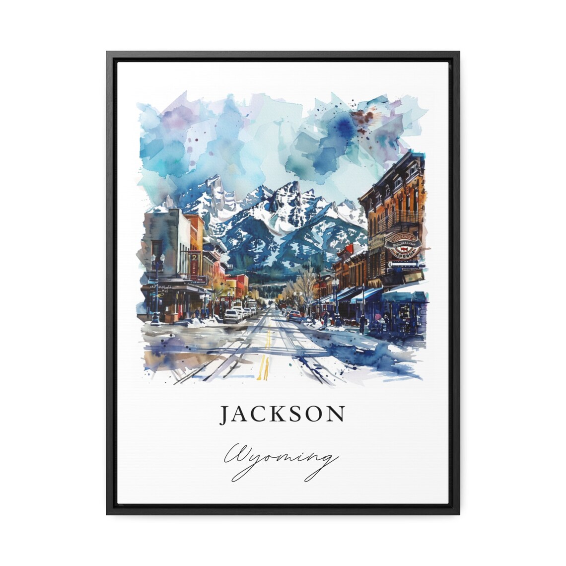 Jackson Wyoming Downtown Watercolor Snowy Mountain Travel Poster - Image 3