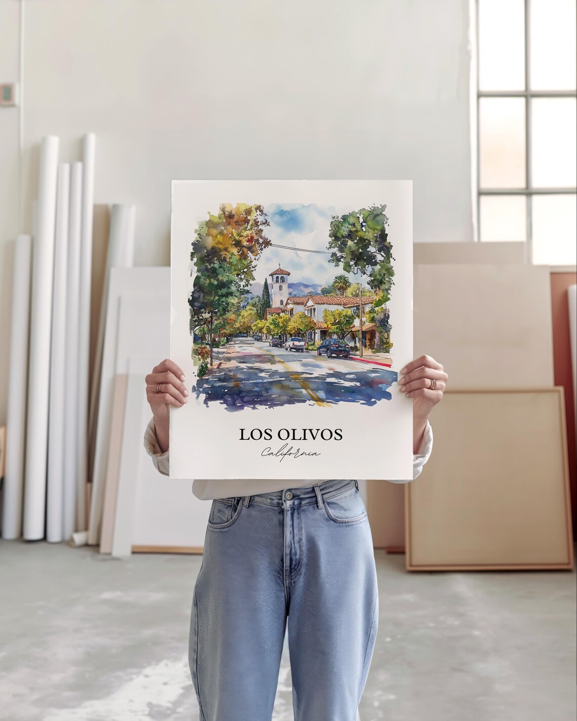 Los Olivos California Spanish Mission Street Watercolor Travel Poster - Image 4