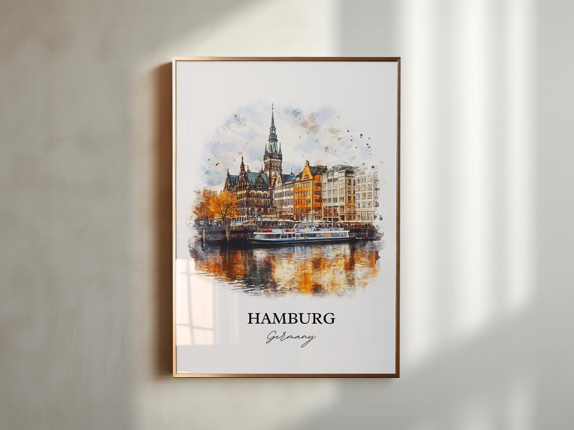 Hamburg Germany Watercolor City Hall Waterfront Boat Reflection Poster - Image 3