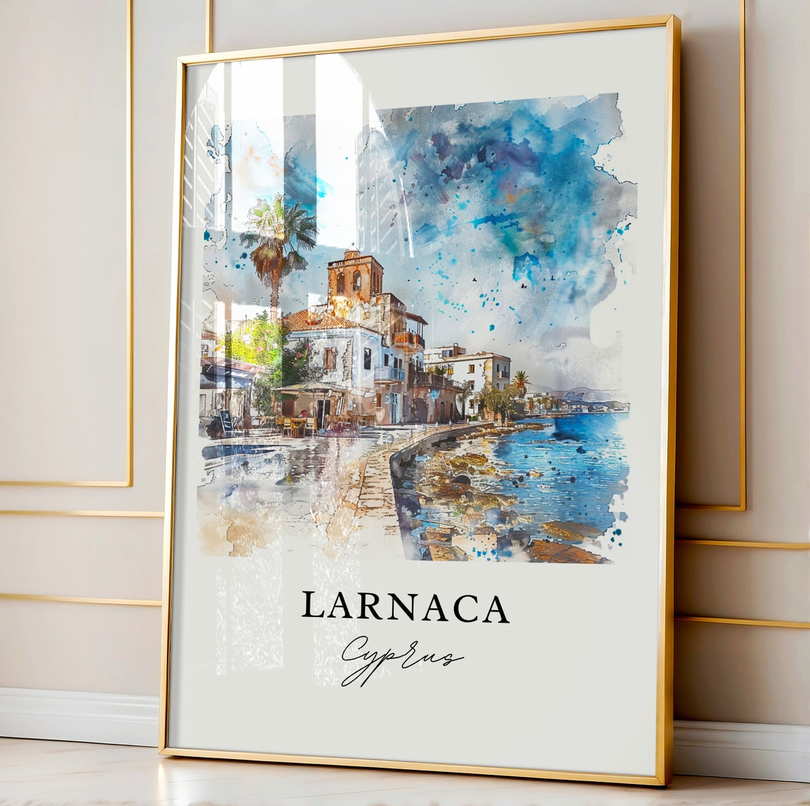 Larnaca Cyprus Sunny Seafront Promenade Watercolor Travel Poster - Image 4