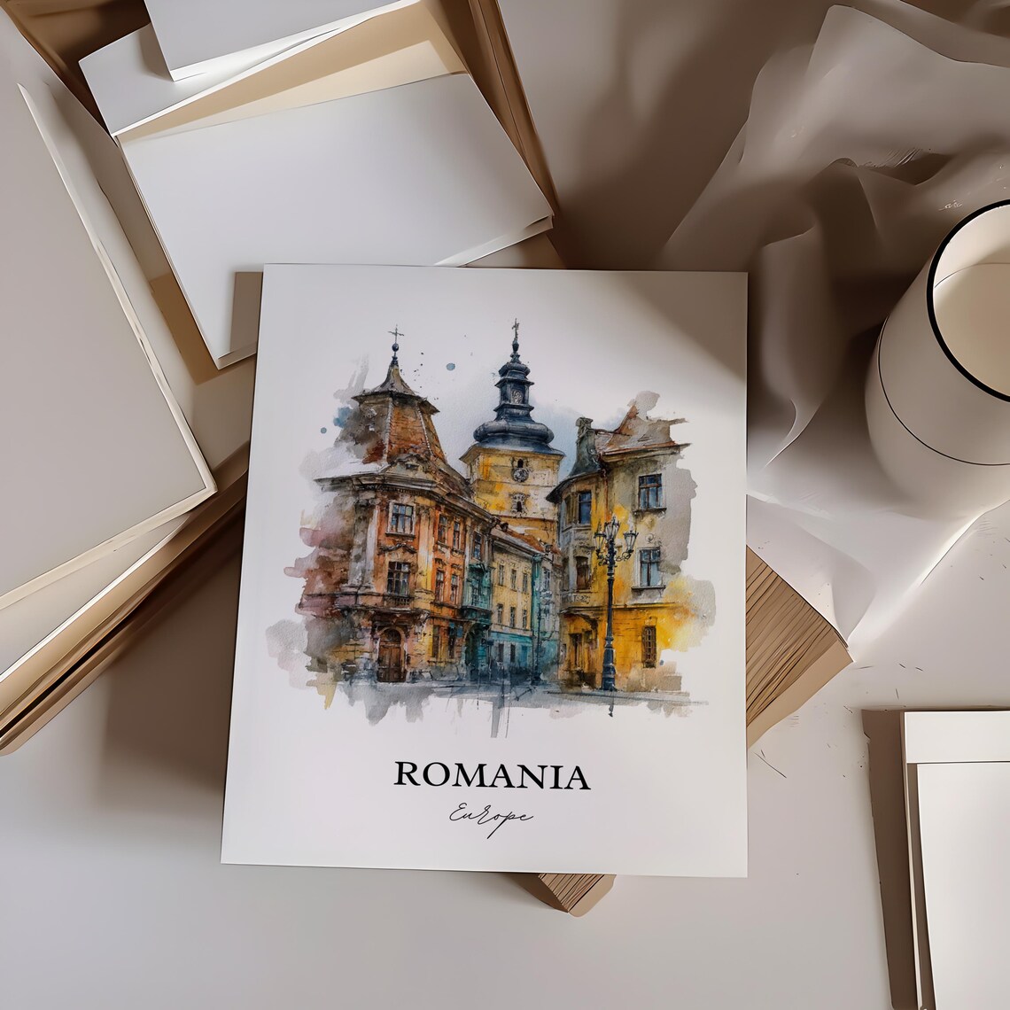 Romania Old Town Clock Tower Watercolor Historic Street Poster - Image 3