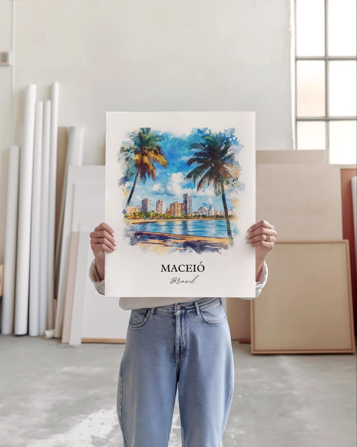 Maceio Brazil Beachfront Palm Trees Watercolor Travel Wall Art - Image 4