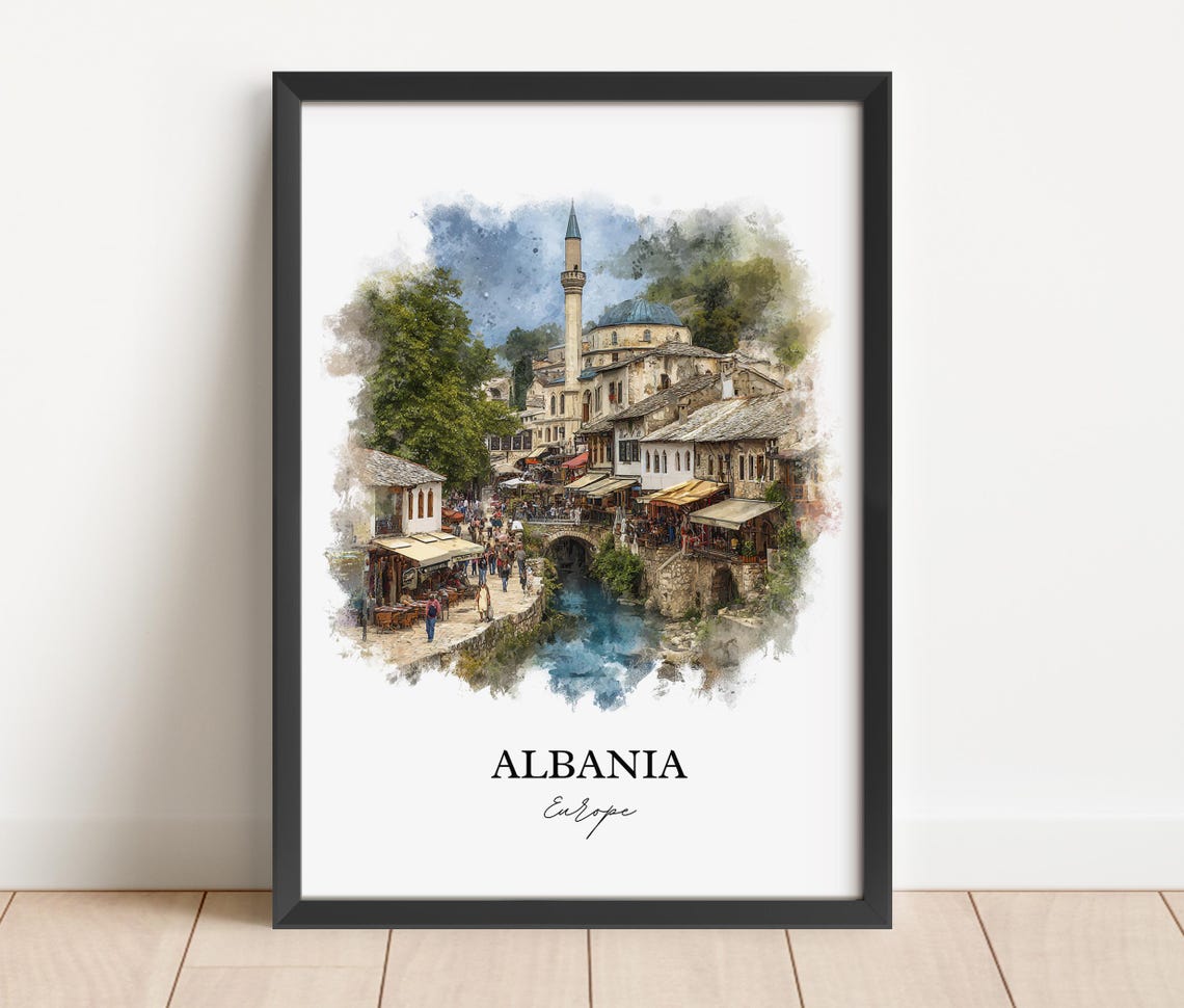 Albania Old Town Minaret Riverside Watercolor Travel Art Poster - Image 2