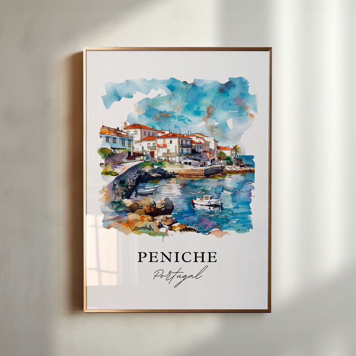 Peniche Portugal Fishing Harbor Town Watercolor Travel Poster
