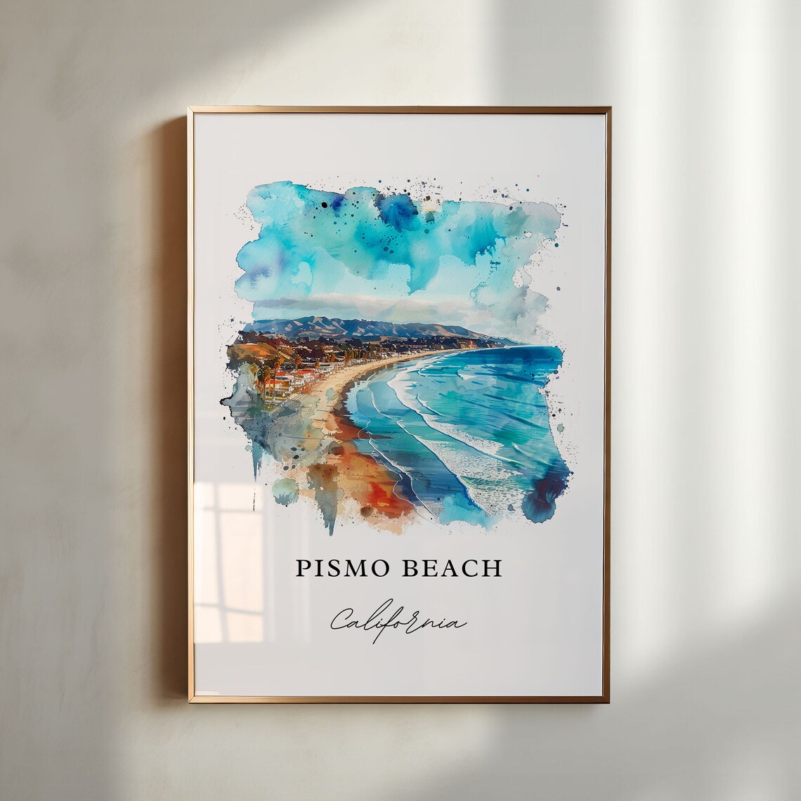 Pismo Beach California Curved Shoreline Waves Watercolor Travel Poster