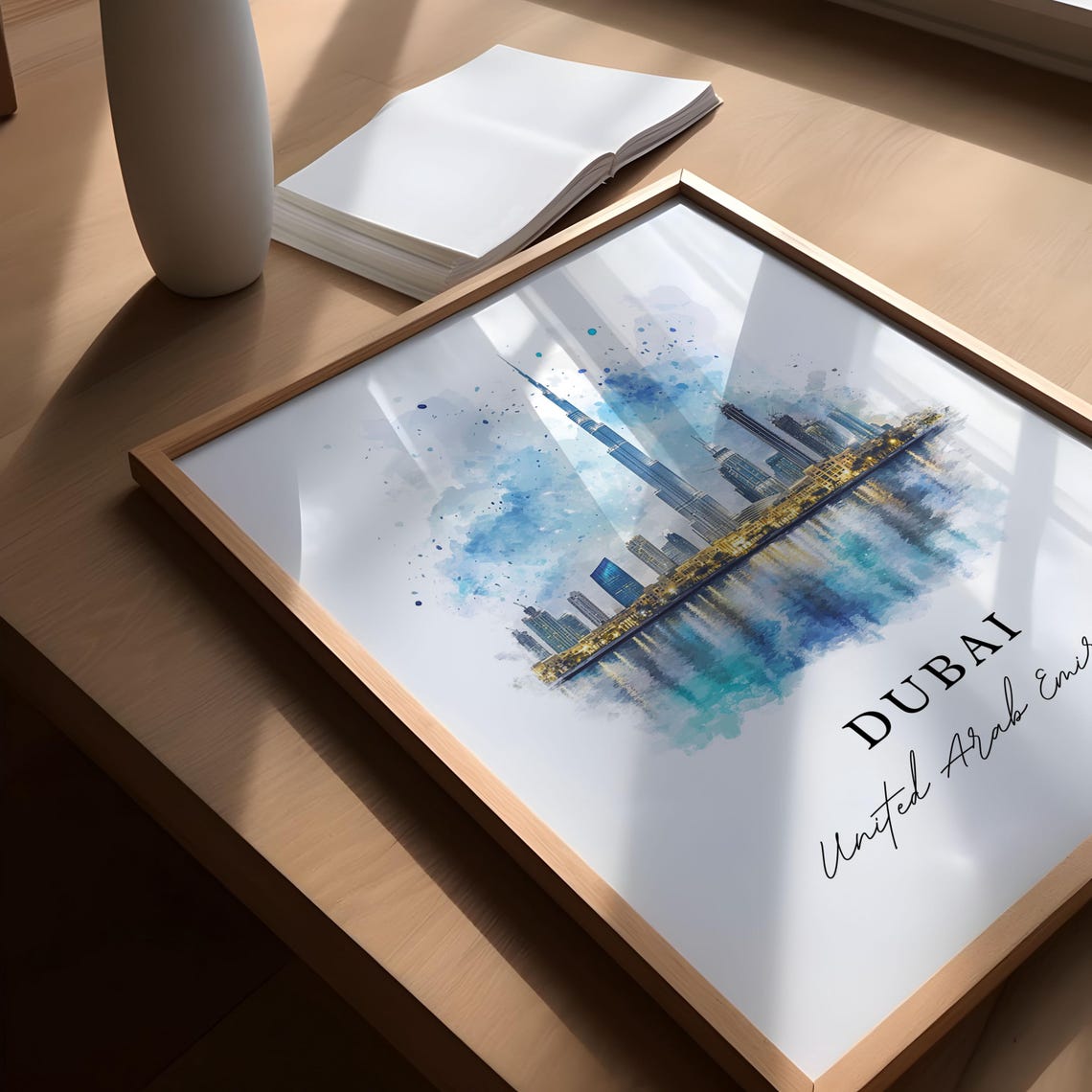 Dubai UAE Watercolor Burj Khalifa City Skyline Reflection Poster - Image 5