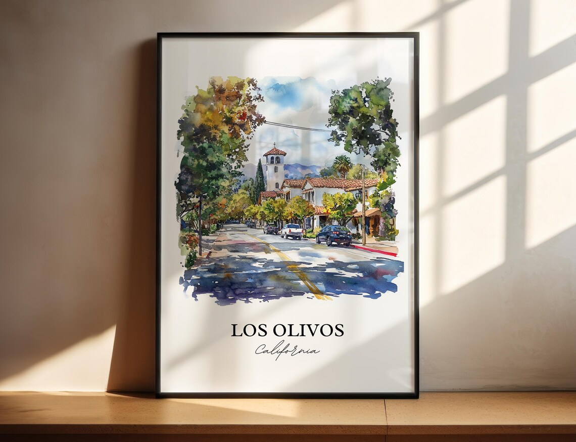 Los Olivos California Spanish Mission Street Watercolor Travel Poster