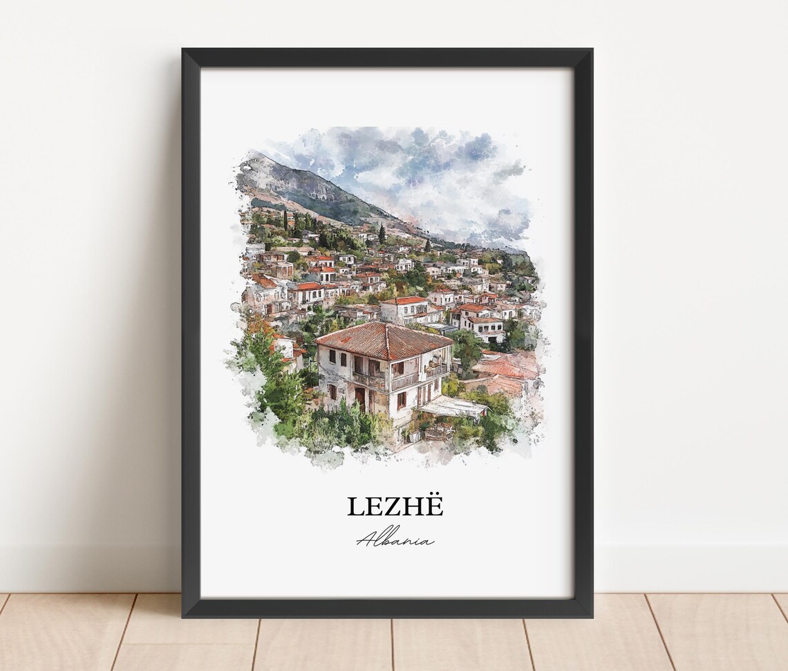 Lezhe Albania Hillside Town Watercolor Skyline Travel Art Wall Print - Image 2