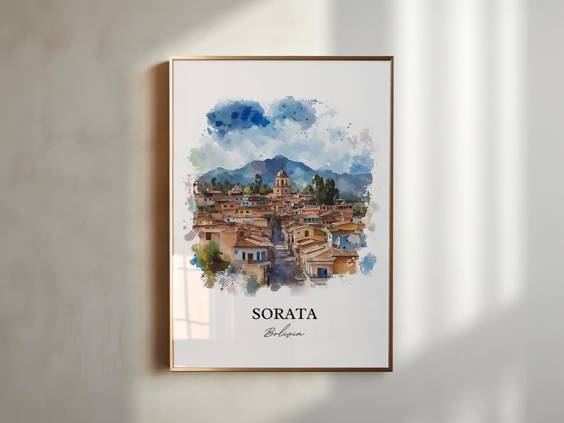 Sorata Bolivia Watercolor Andean Town Church Mountain Travel Poster - Image 3