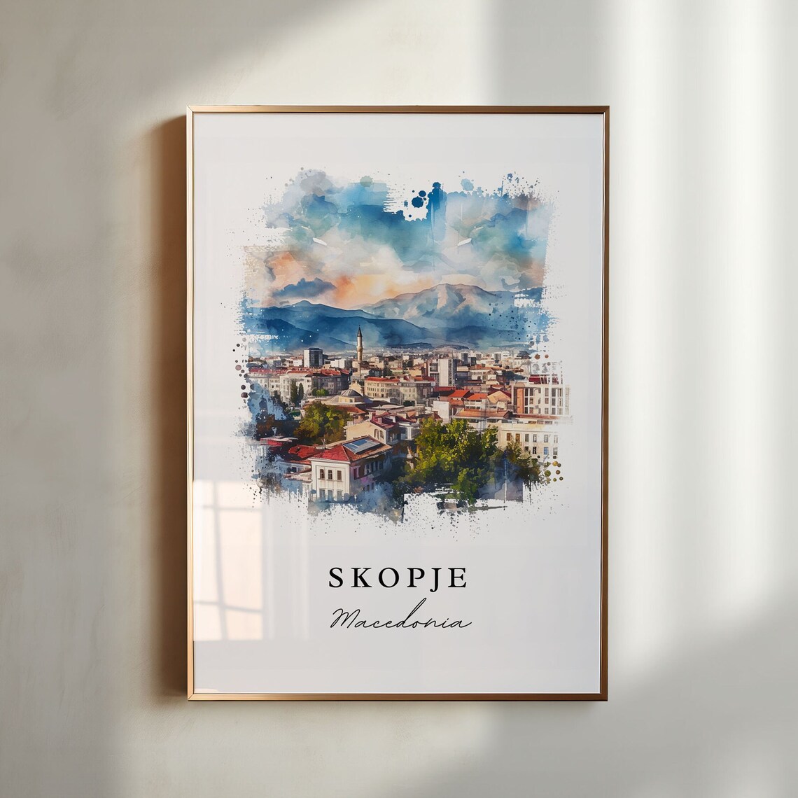 Skopje Macedonia City Skyline Mountain Watercolor Travel Poster