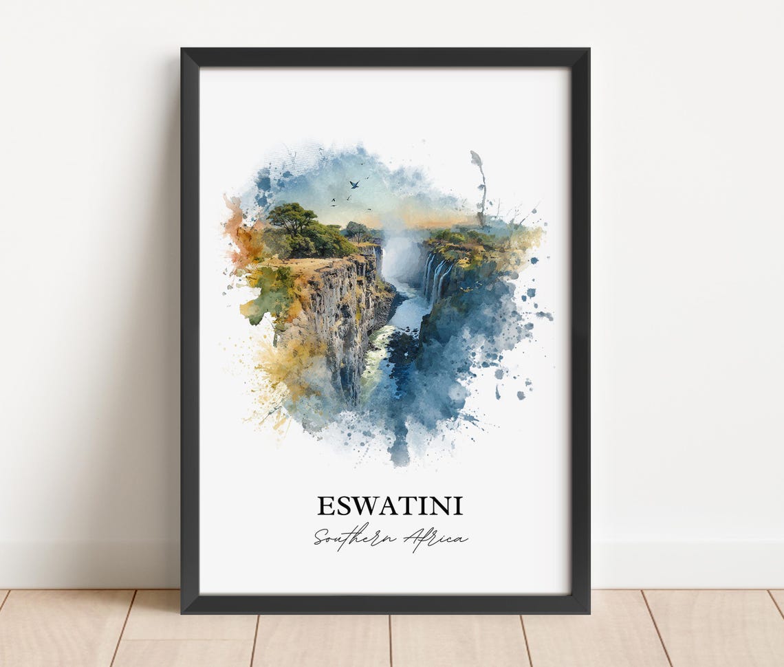 Eswatini Southern Africa Waterfall Gorge Watercolor Travel Poster - Image 2