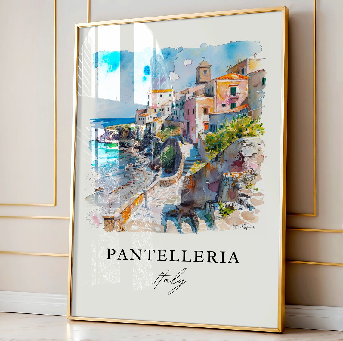 Pantelleria Italy Cliffside Village Coast Watercolor Island Poster - Image 3