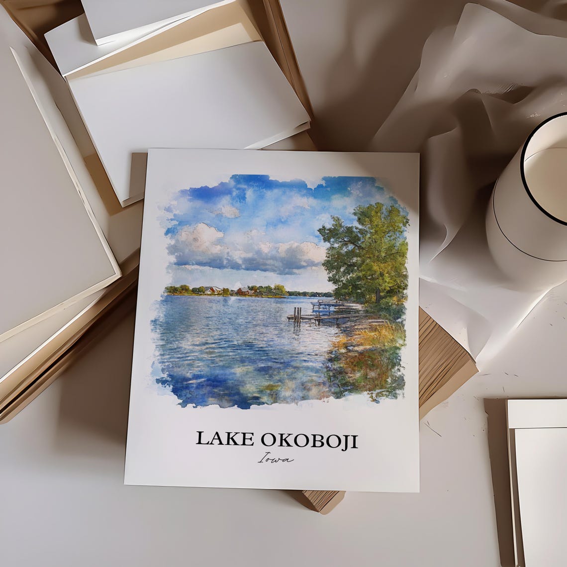 Lake Okoboji Iowa Tranquil Wide Open Water Dock Under Clouds Poster - Image 3