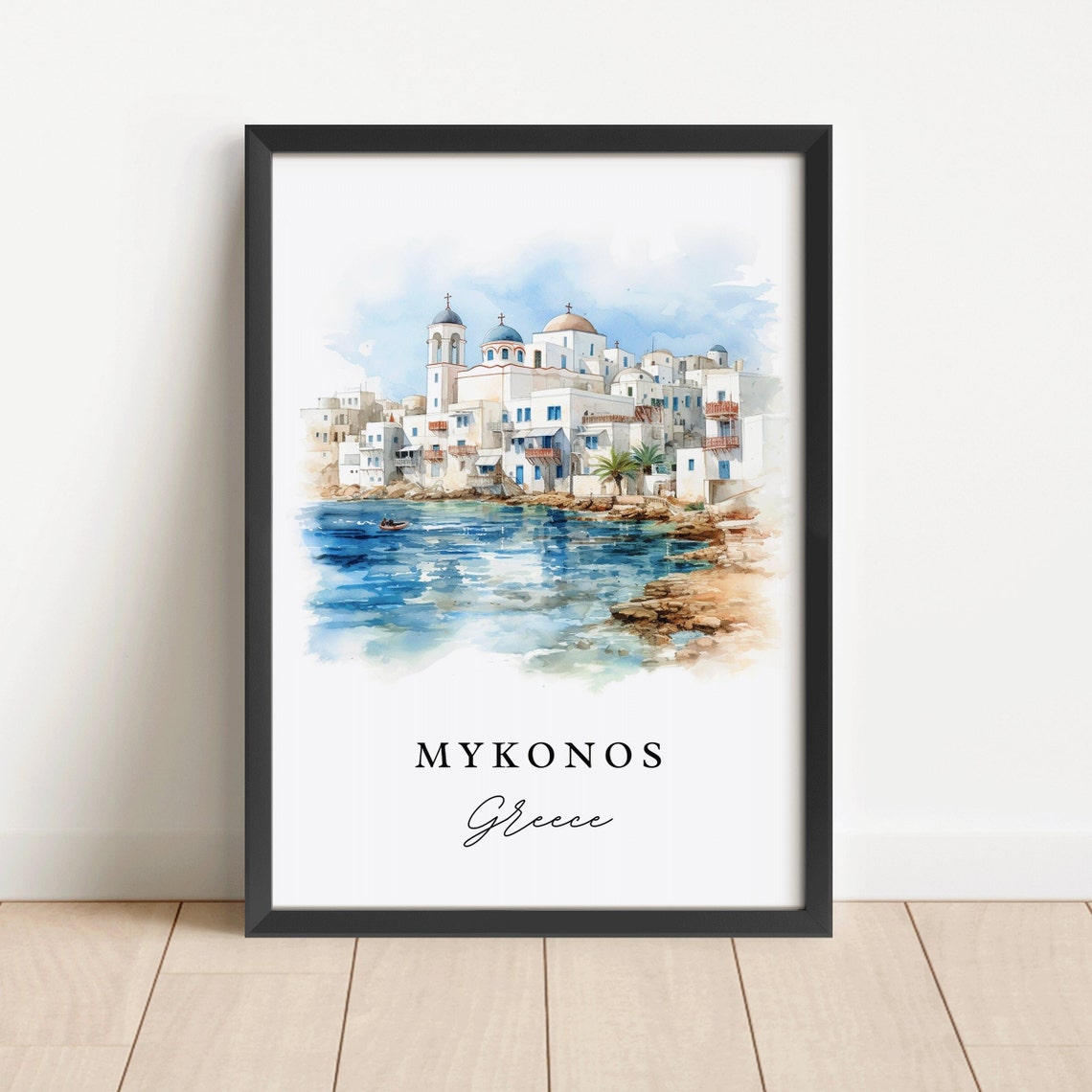 Mykonos Greece Whitewashed Town Blue Domes Watercolor Poster - Image 2