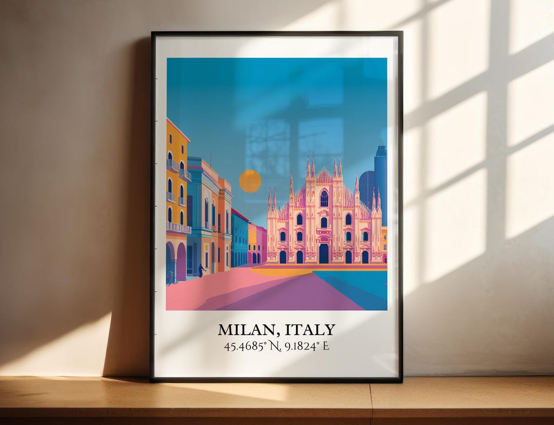 Milan Italy Cathedral Sunset Plaza Retro Travel Coordinates Art Poster