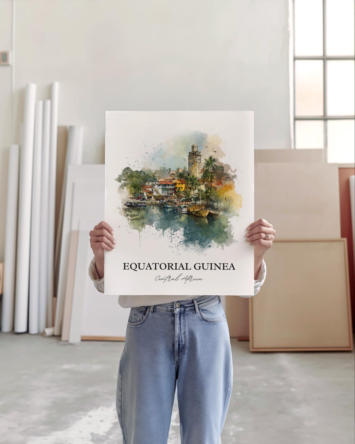 Equatorial Guinea Central Africa Harbor Watercolor Travel Poster - Image 3
