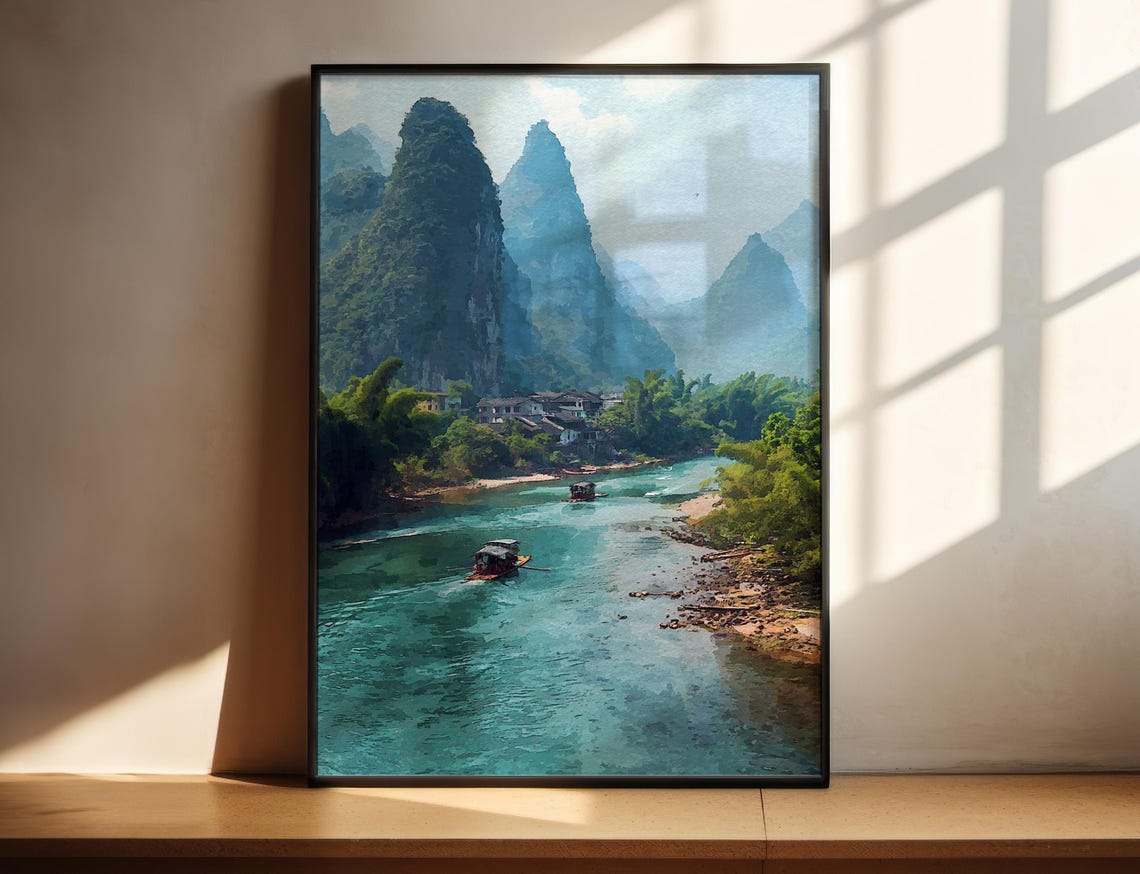 Yangshuo Guilin China Karst Mountains River Boats Watercolor Wall Art