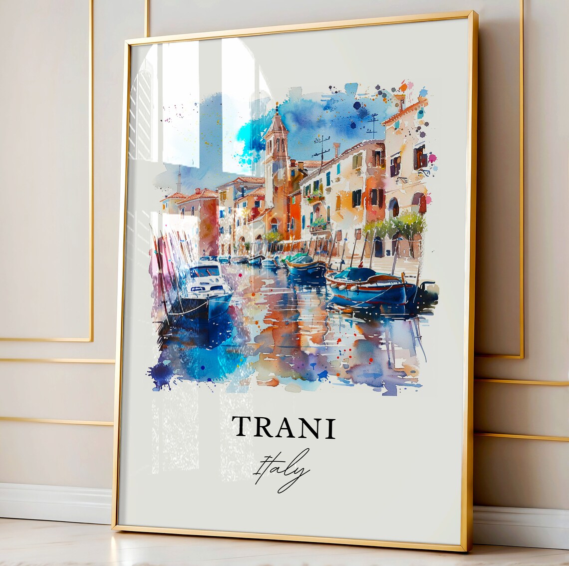 Trani Italy Apulia Harbor Boats Watercolor Coastal Town Poster - Image 4