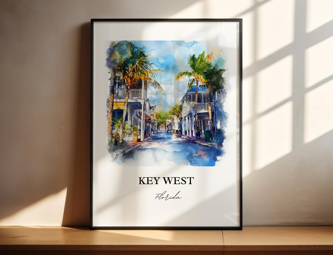Key West FL Watercolor Travel Poster, Florida Keys