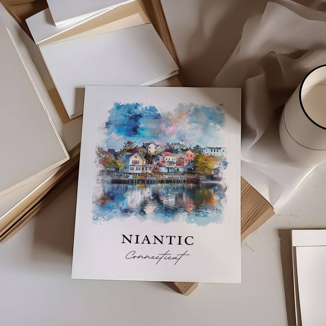 Niantic Connecticut Watercolor Harbor Village Reflection Poster - Image 6