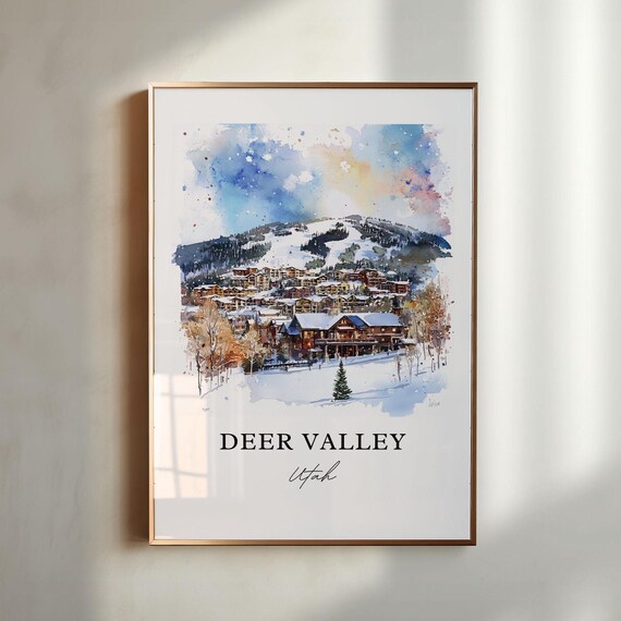 Deer Valley Utah Snowy Ski Resort Watercolor Winter Travel Poster
