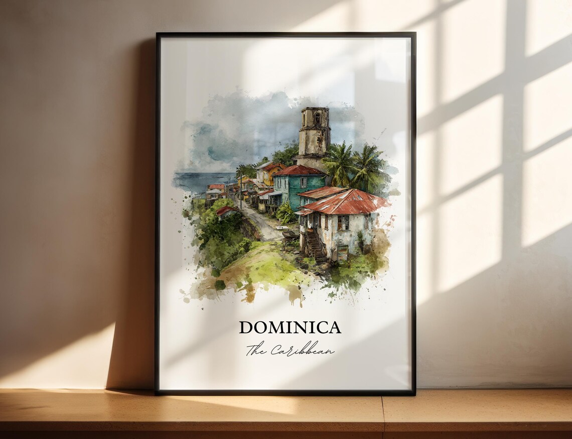 Dominica Caribbean Coastal Town Church Watercolor Art Poster