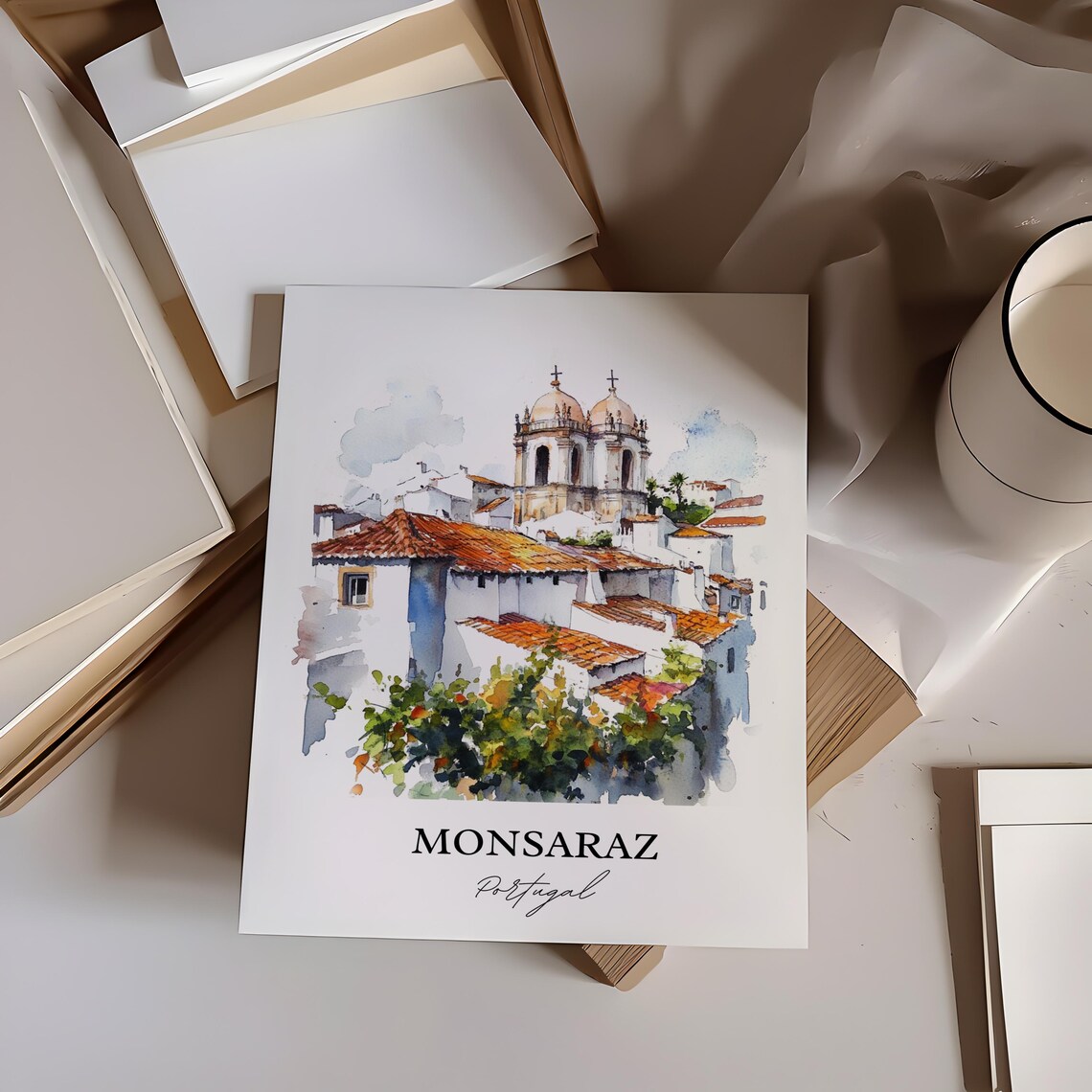 Monsaraz Portugal Watercolor Hilltop Village Church Domes Poster - Image 2