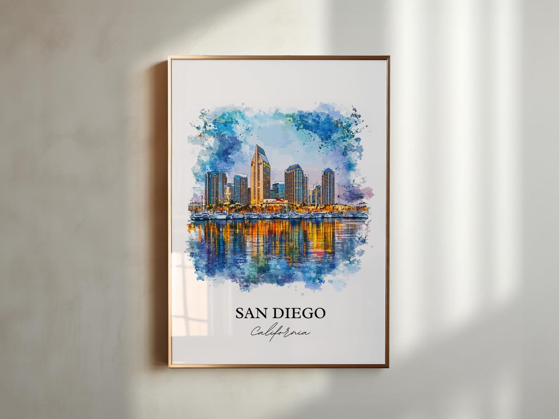 San Diego California Harbor Skyline Reflection Watercolor Poster - Image 5