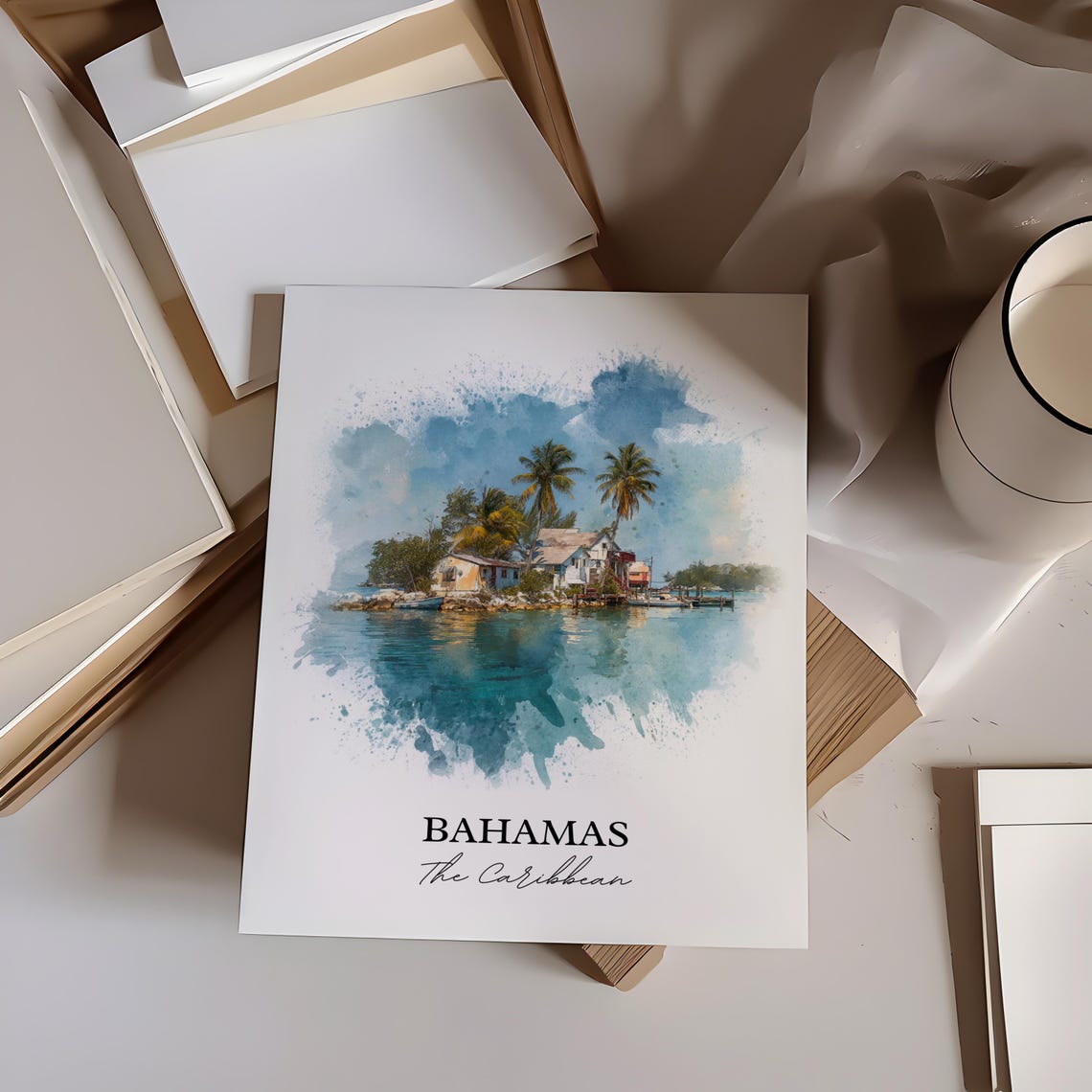 Bahamas Caribbean Small Island Houses Palms Watercolor Art Poster - Image 3