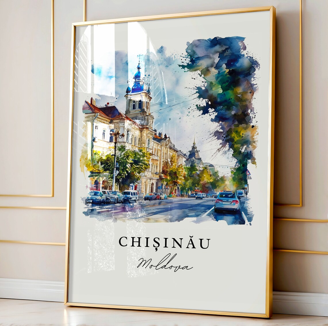Chisinau Moldova City Street Bell Tower Watercolor Travel Poster - Image 4