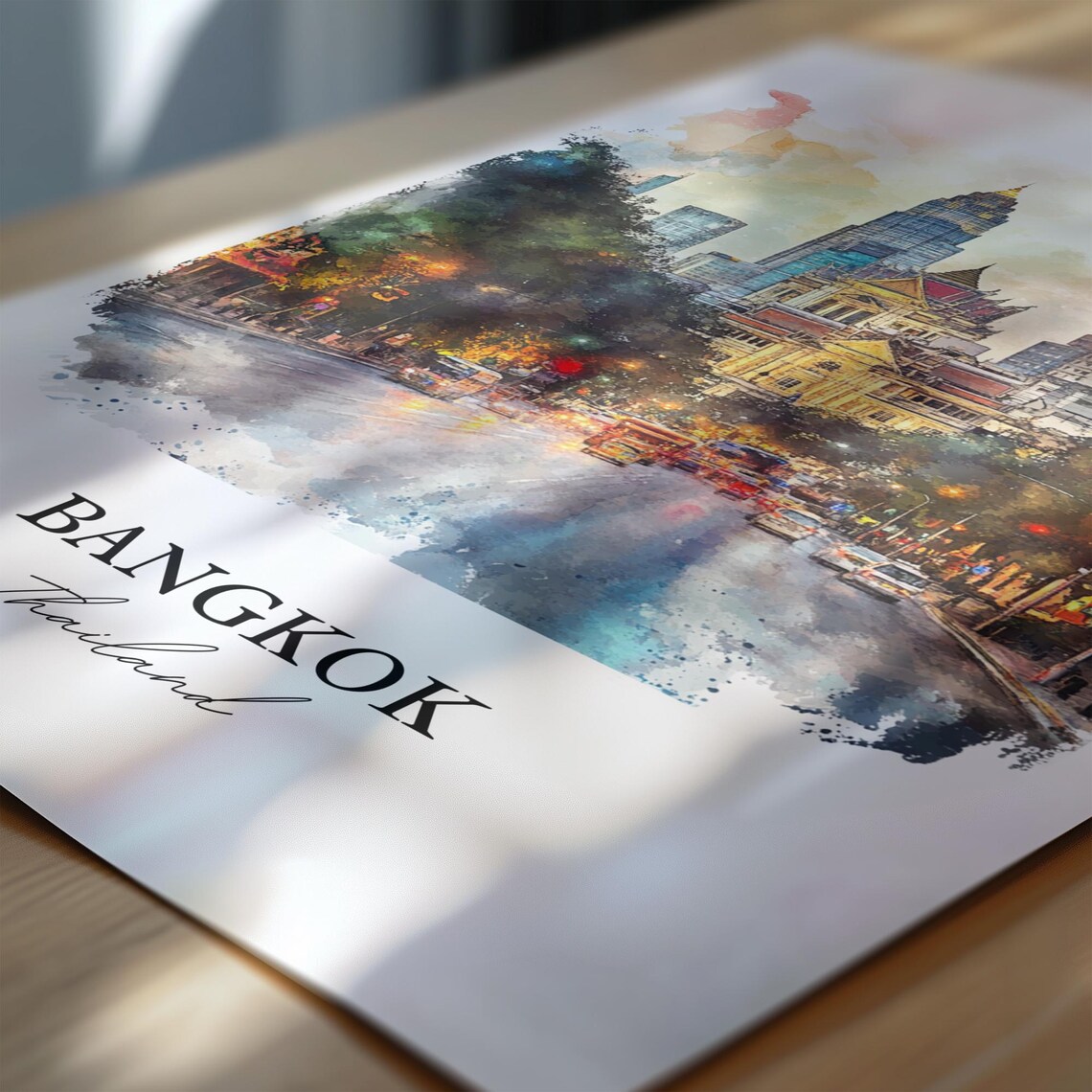 Bangkok Thailand City Night Street Lights Watercolor Travel Poster - Image 6