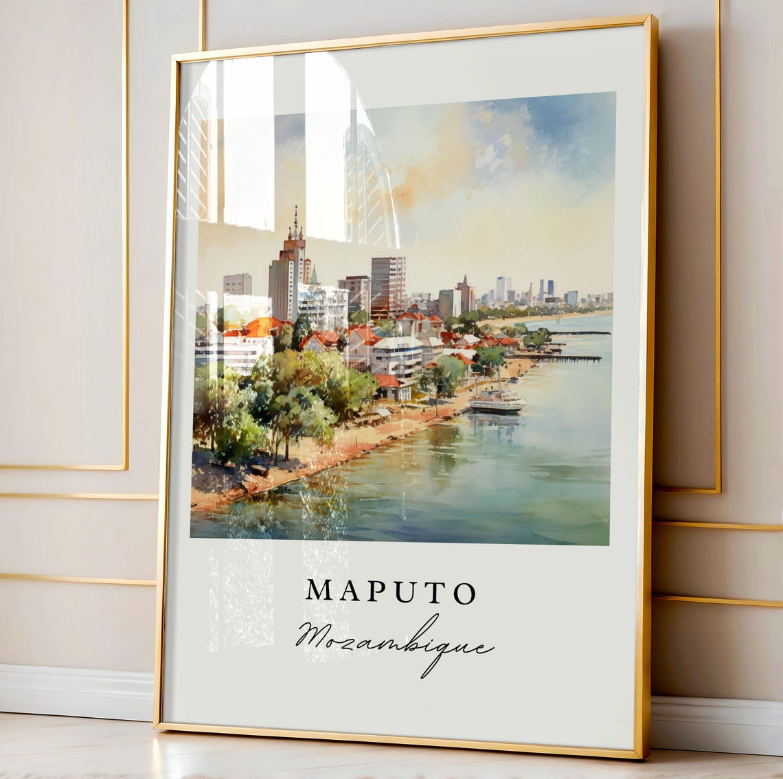 Maputo Mozambique Waterfront Skyline Watercolor Travel Poster - Image 3