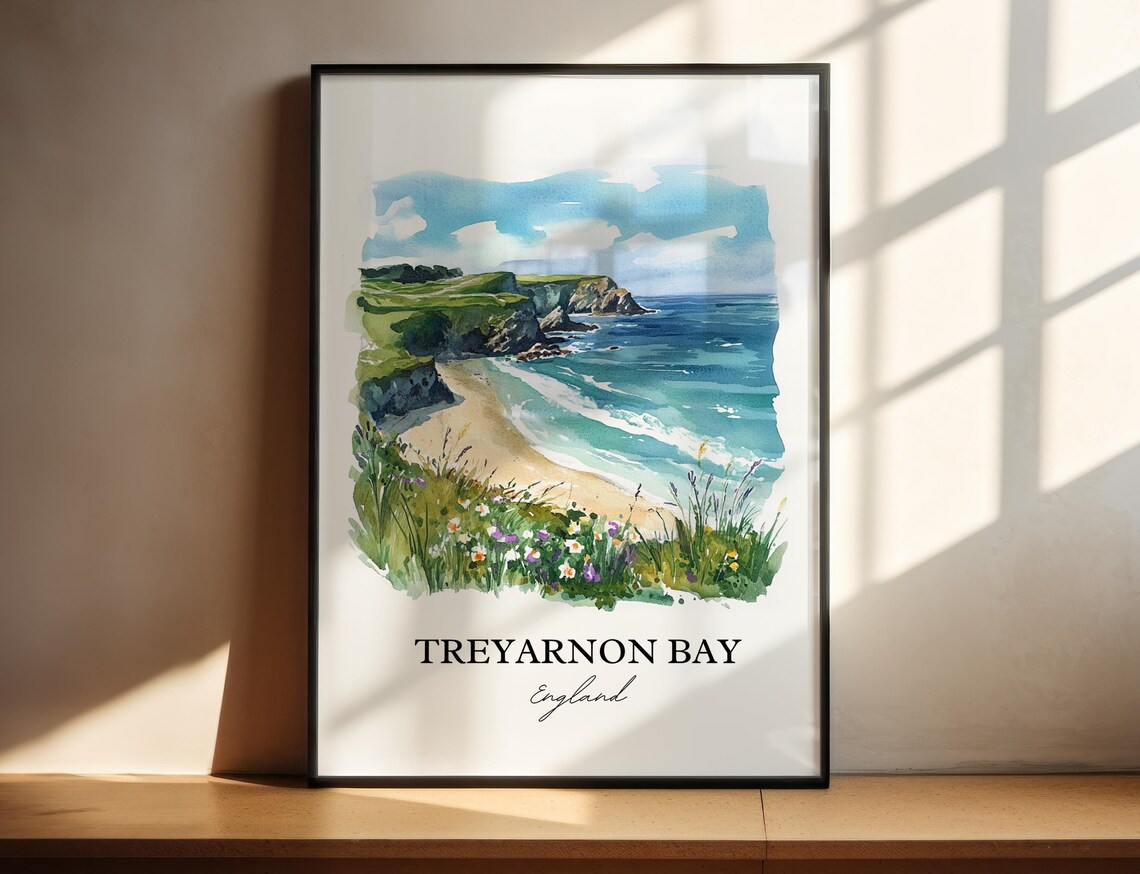 Treyarnon Bay England Watercolor Coastal Beach Travel Poster
