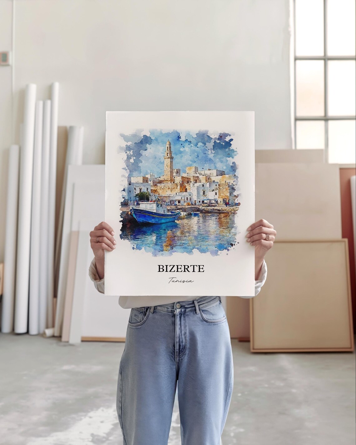 Bizerte Tunisia Old Harbor Fishing Boats Watercolor Travel Poster - Image 4