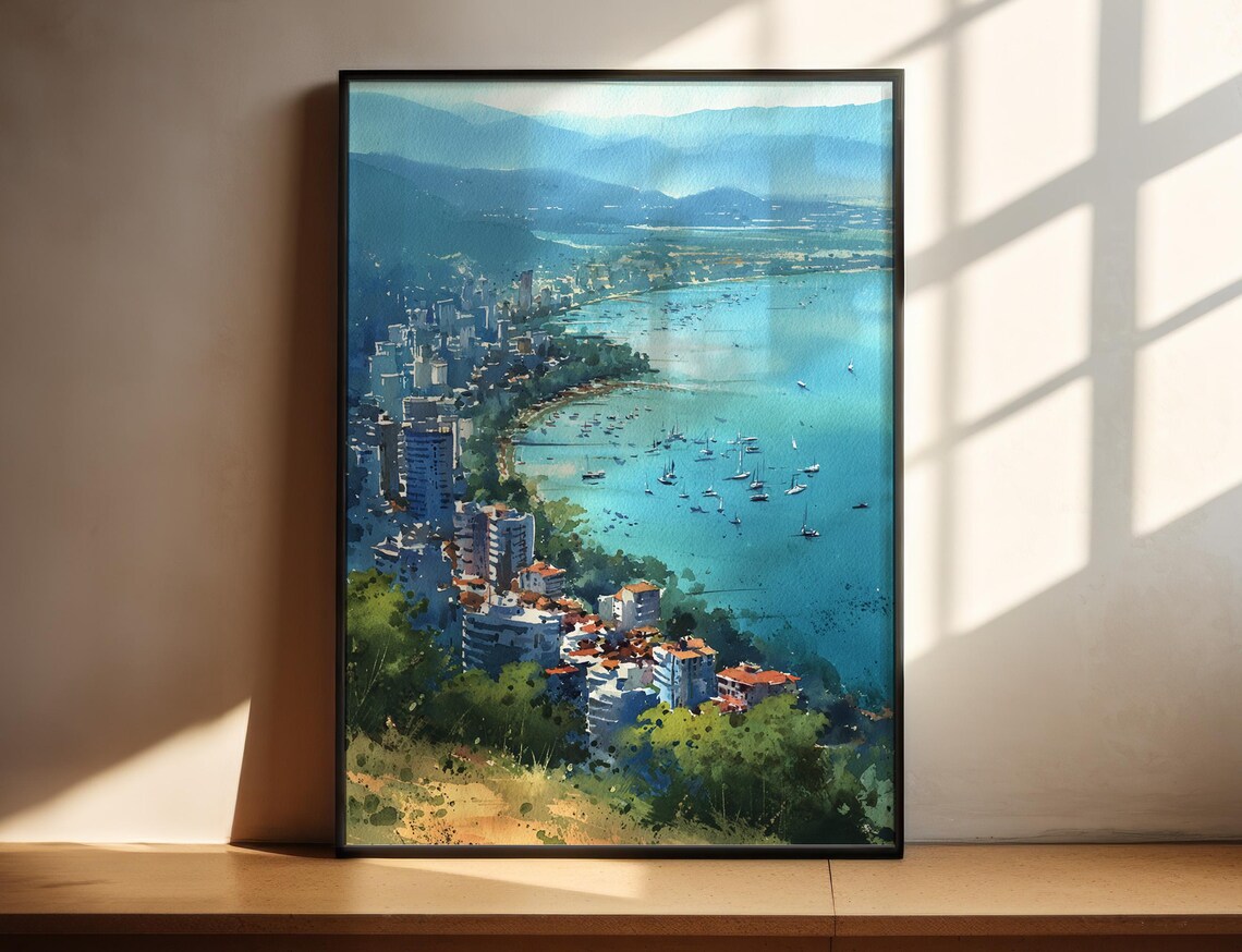 Florianopolis Brazil Coastal Bay Sailboats Watercolor City Beach Poster