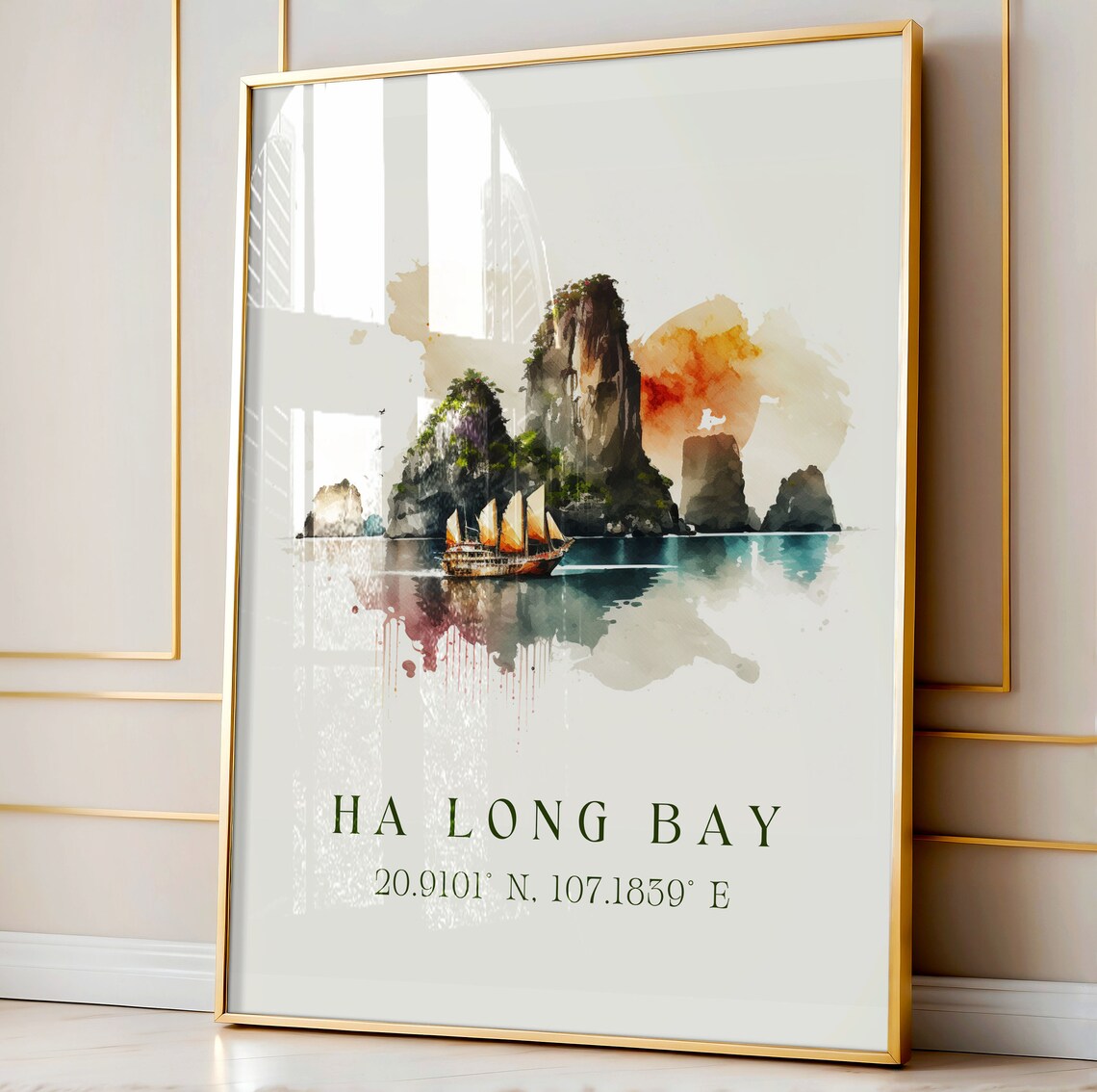 Ha Long Bay Vietnam Watercolor Karsts Sailboat Coordinates Poster - Image 4