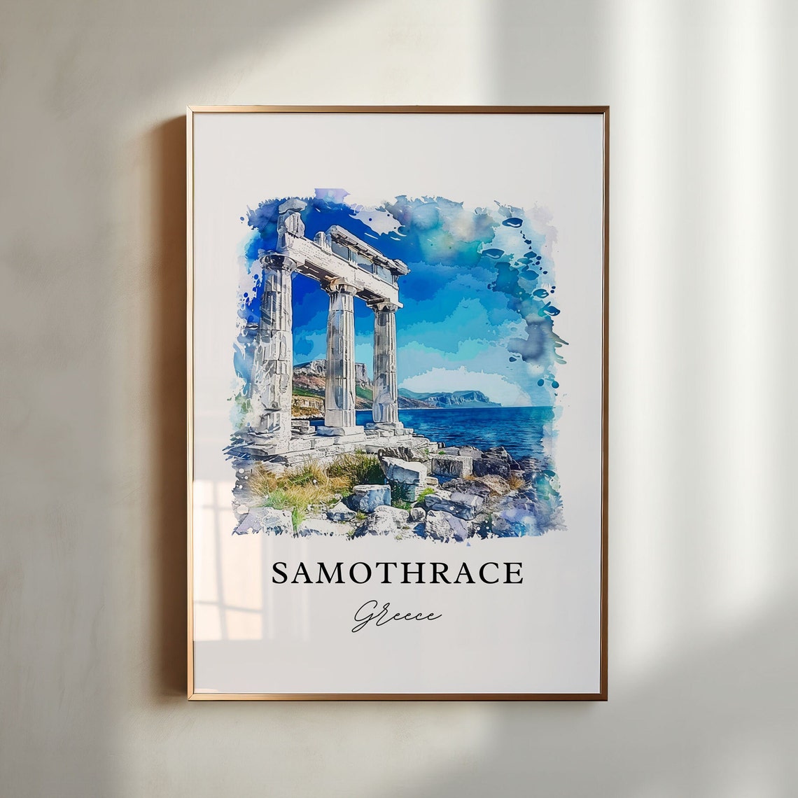 Samothrace Greece Ancient Temple Columns Watercolor Sea Poster